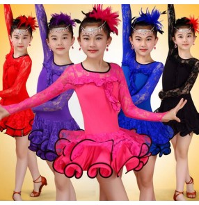 Purple violet turquoise royal blue black red hot pink  lace gymnastics patchwork long sleeves girls kids children performance latin ballroom dance dresses